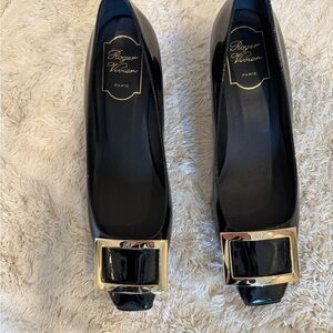 Roger Vivier Black Patent Heels with Gold Buckle